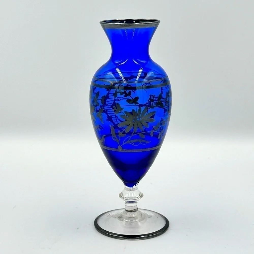 Vintage Cobalt Blue and Sterling Silver Overlay Floral Bud Vase